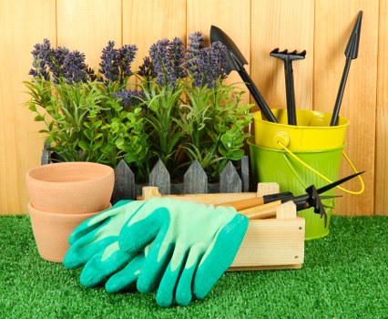 Professional lawn mowers maintaining a green garden